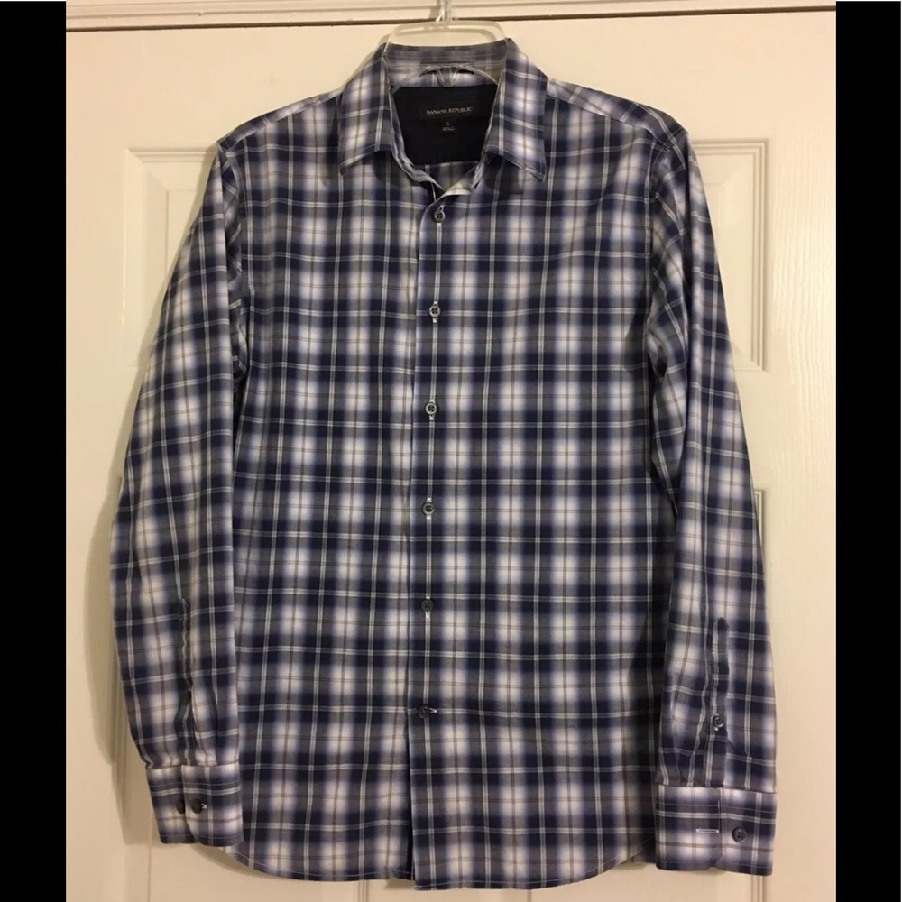 Banana Republic Mens Plaid Blue/White Button Small